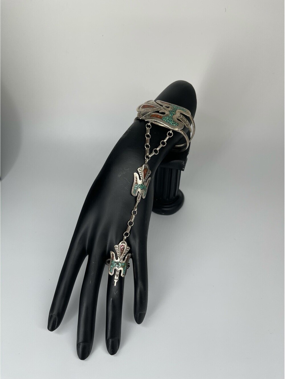 Rare Vintage Native American Sterling Turquoise Coral Slave Bracelet Ring